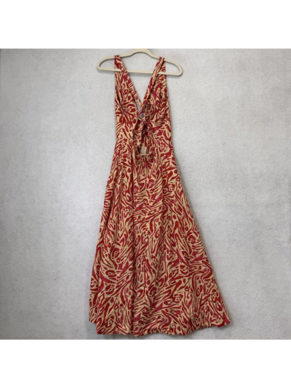 Nicholas Dress Womens 8 Red Animal Print Linen V Neck Tie Back Maxi Sundress - Picture 5 of 12